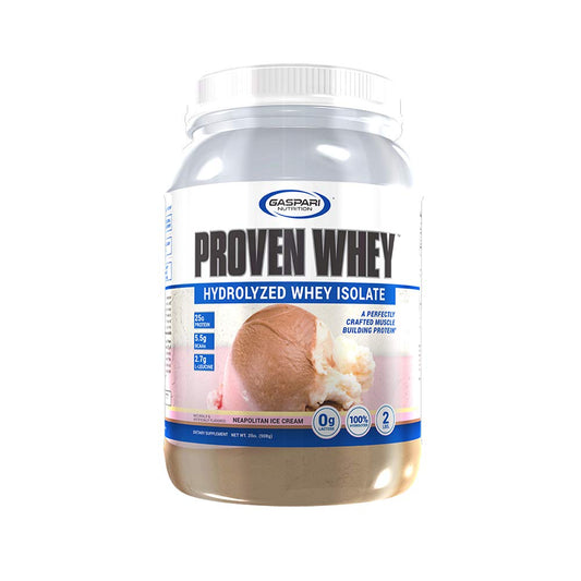 Gaspari Proven Whey bottle featuring Neapolitan label, lactose-free protein for post-workout recovery.