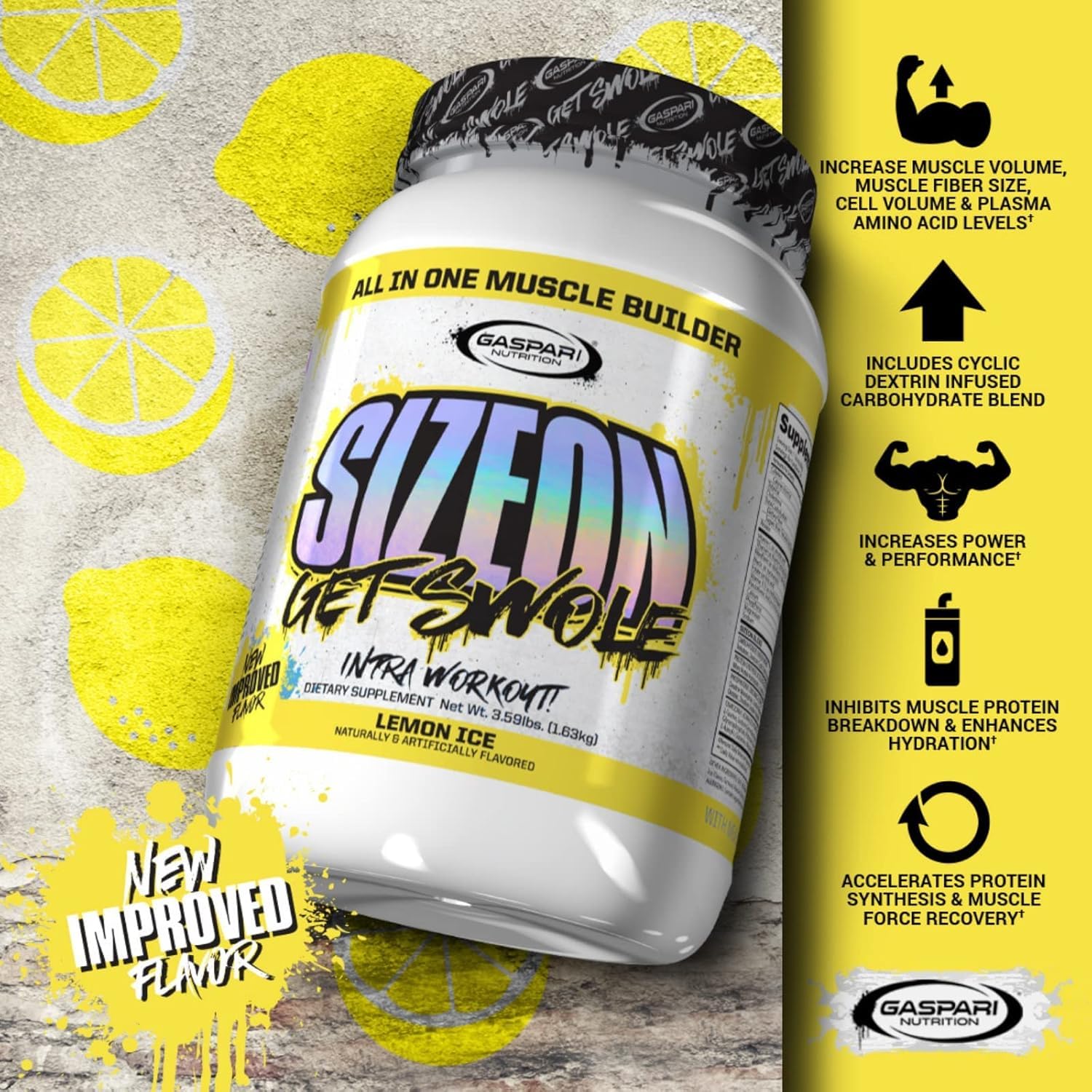 Gaspari SizeOn packaging communicates premium amino acid and creatine blend.