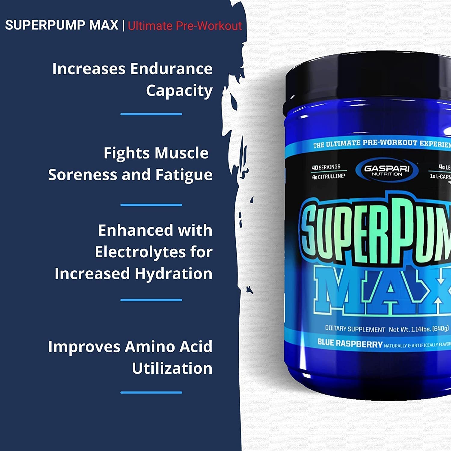 Gaspari SuperPump Max bottle on gym counter illustrates convenient pre-workout use.