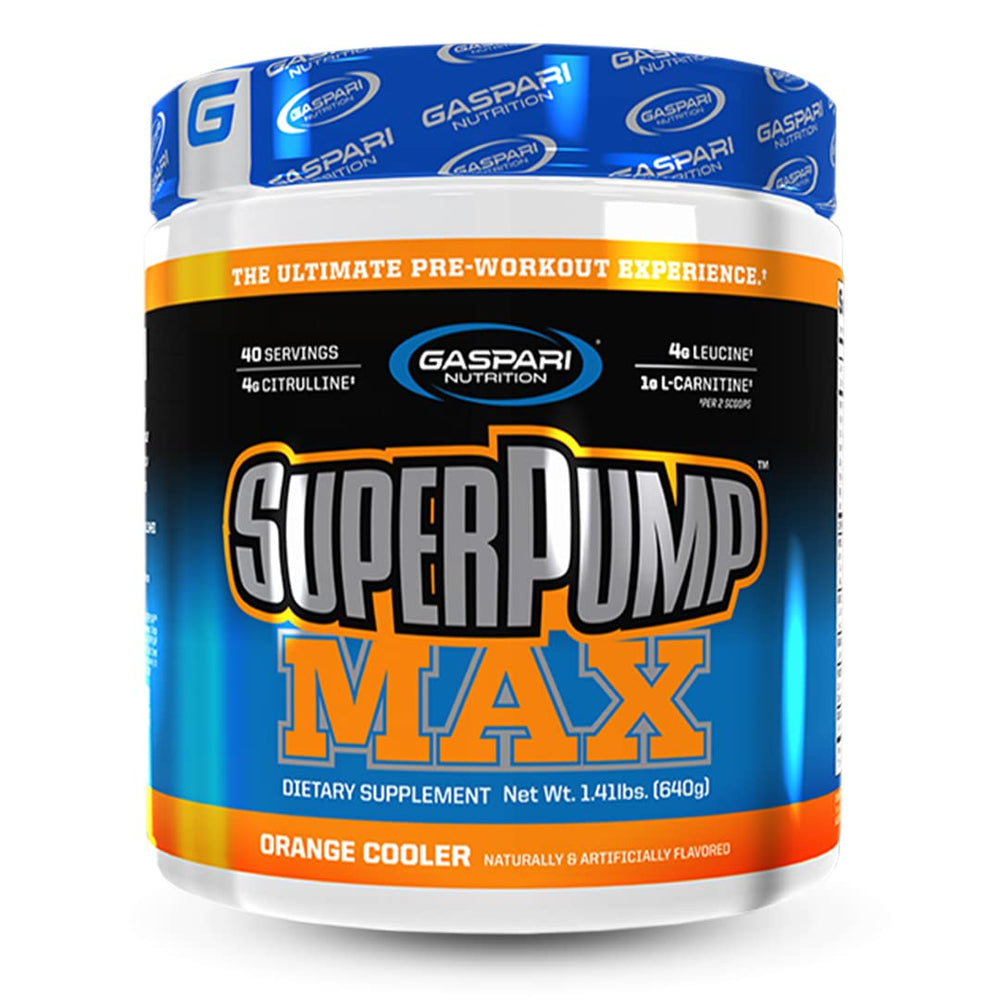 Gaspari SuperPump Max orange cooler bottle boosts energy for intense workouts.