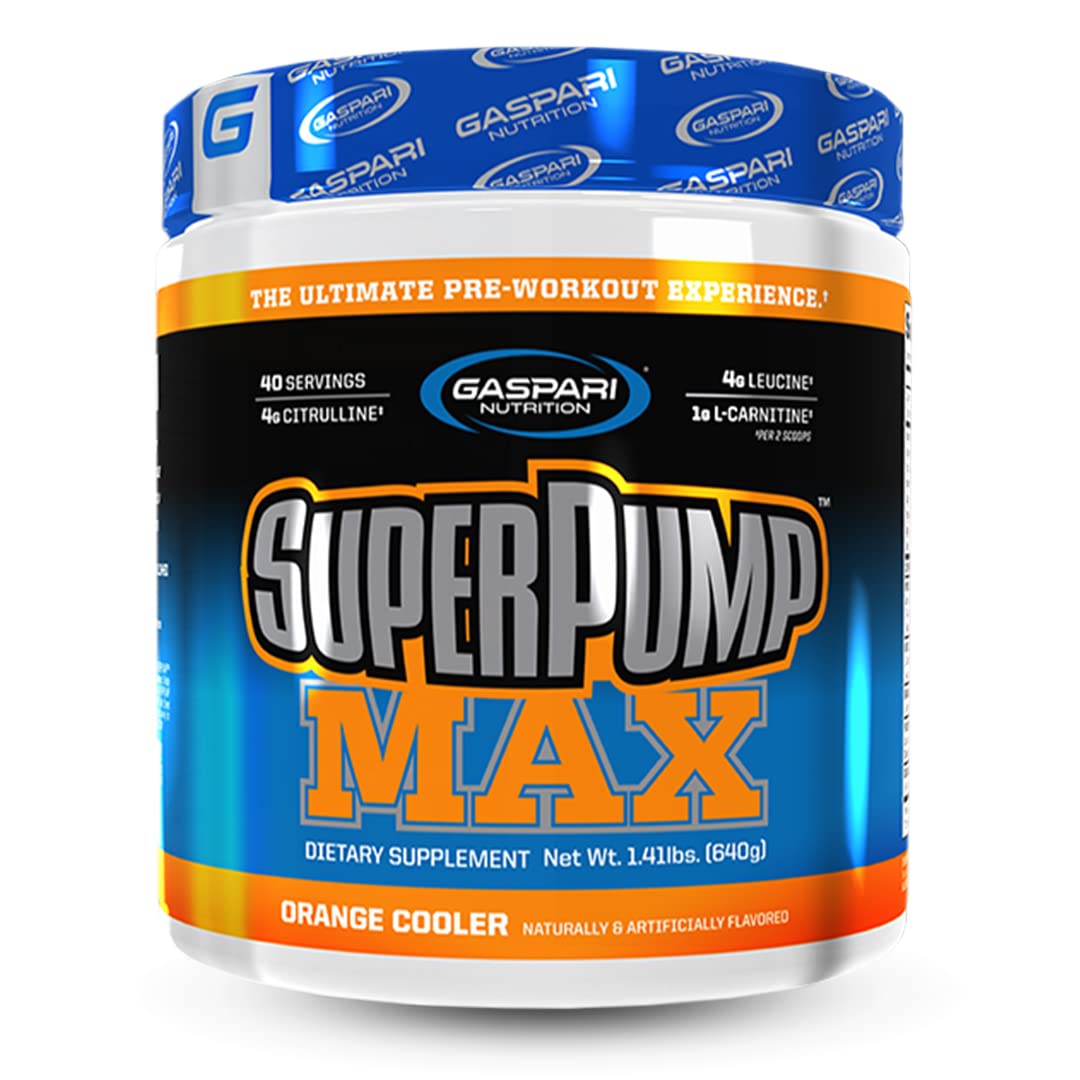 Gaspari SuperPump Max orange cooler bottle boosts energy for intense workouts.