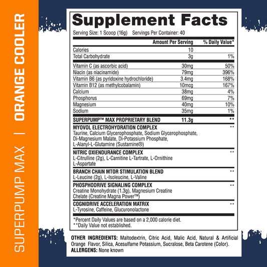 Gaspari SuperPump Max powder tub closeup shows premium pre-workout for better pumps.