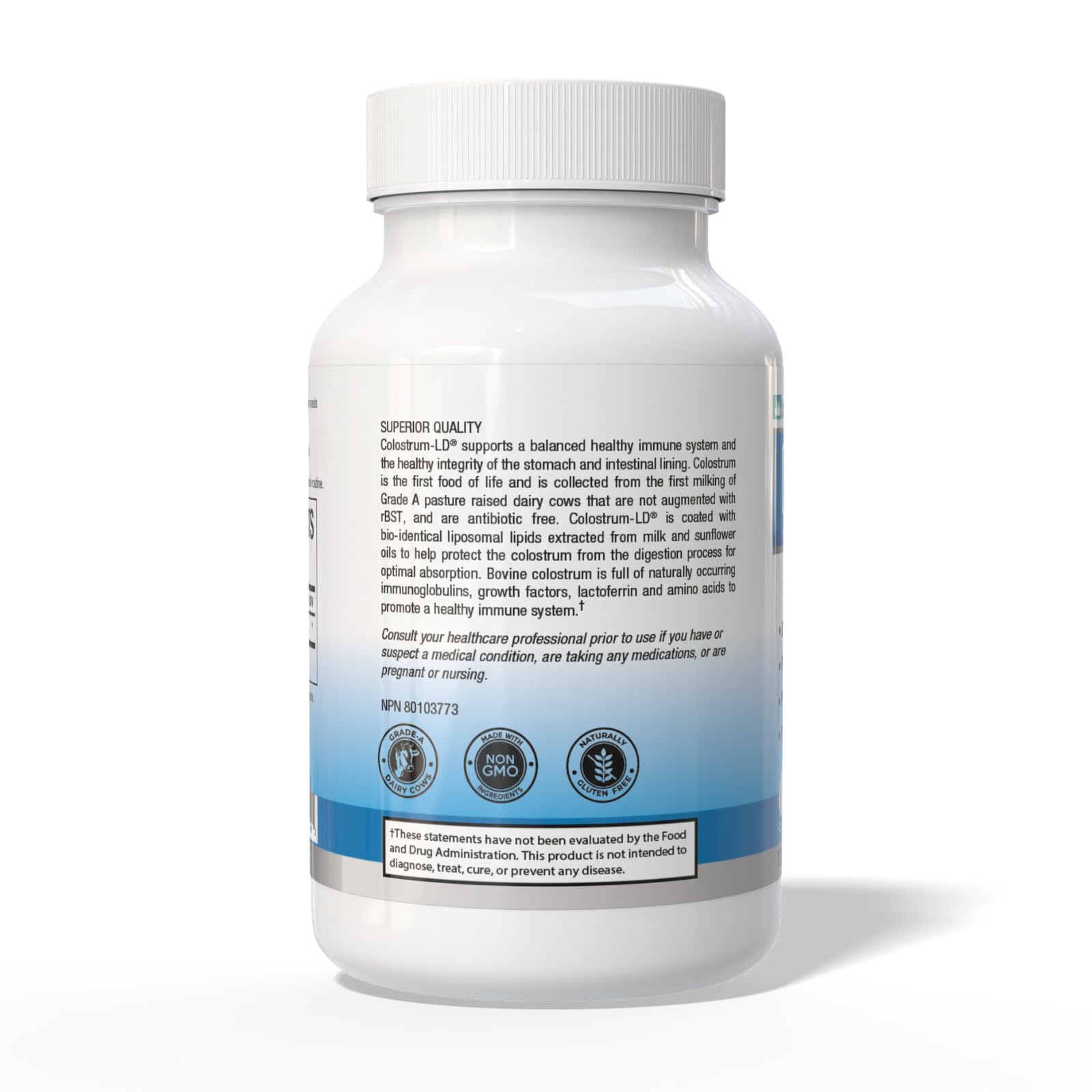 Close-up of GastroDefense Colostrum-LD capsule showing easy-to-swallow design