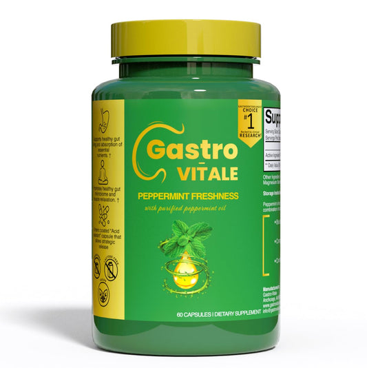 Gastro-Vitale peppermint oil bottle with enteric coating signaling targeted digestive support.