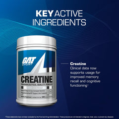 Close detail of GAT SPORT Creatine bottle highlighting purity and third party testing.