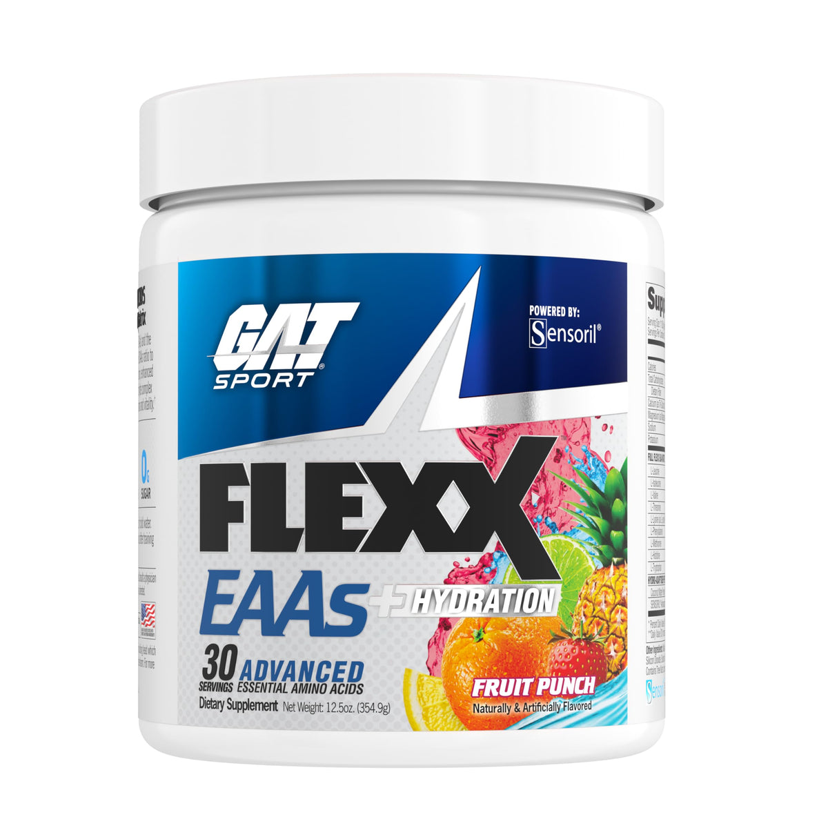 GAT SPORT Flexx EAAs bottle close-up highlighting essential amino acids for post-workout recovery