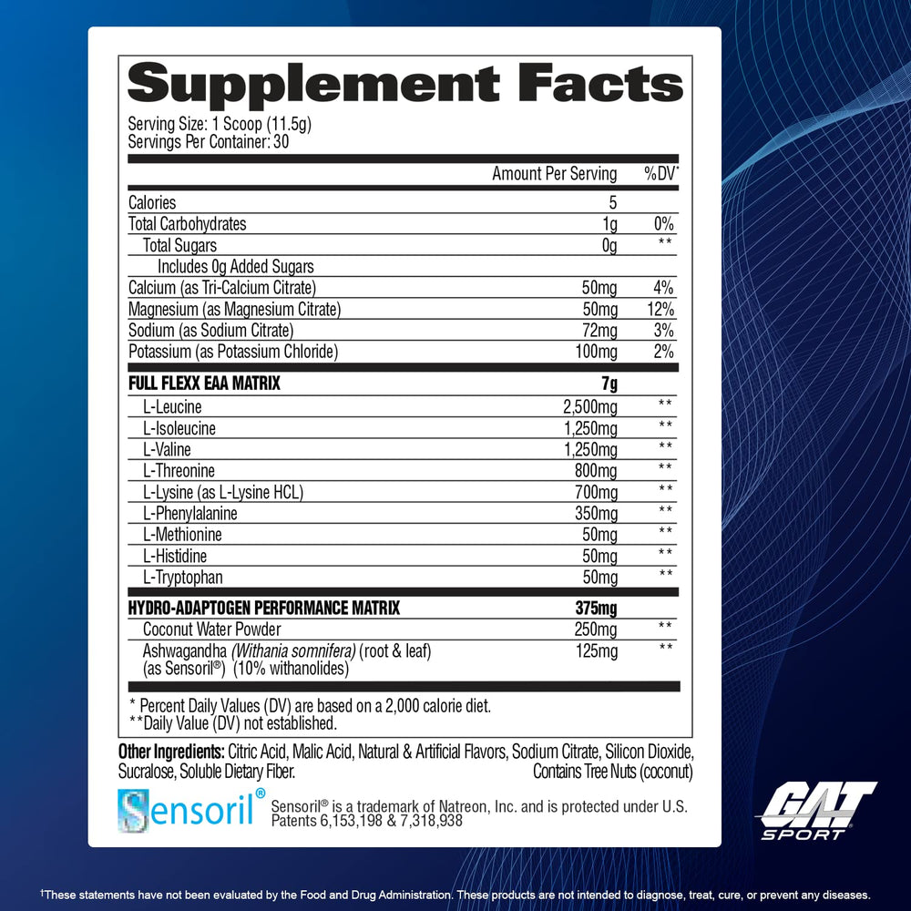GAT SPORT Flexx EAAs fruit punch bottle front emphasizes flavor and endurance