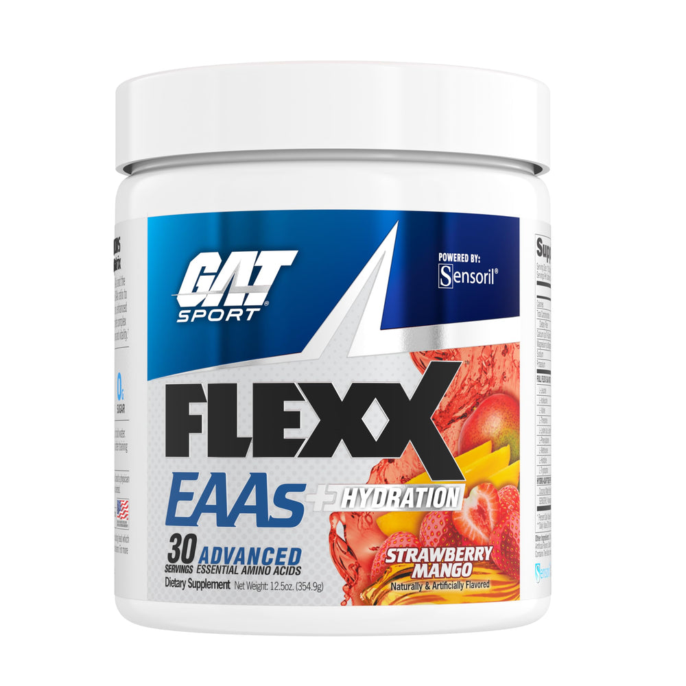 GAT SPORT Flexx EAAs hydration bottle pour in strawberry mango flavor for post workout refreshment.