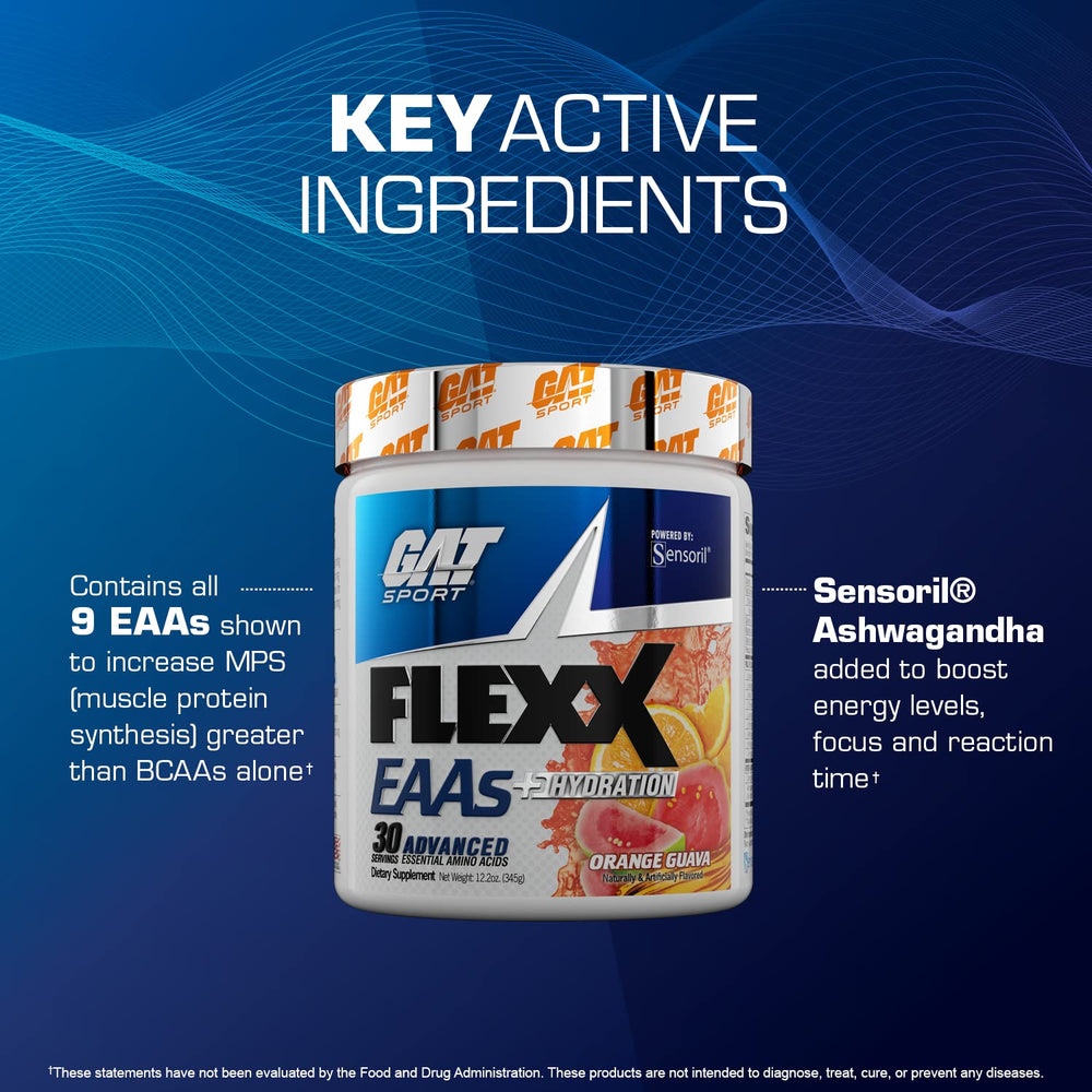 GAT SPORT Flexx EAAs strawberry mango flavor promises delicious hydration during workouts.