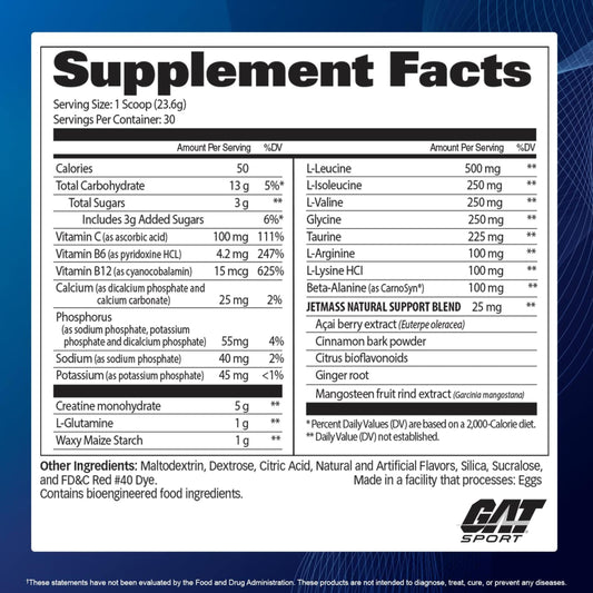 GAT SPORT JetMass Tropical Ice powder-dissolve demonstrates easy mix for training days.