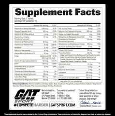 Close-up of GAT SPORT Men's Multi + Test label highlighting premium vitamin blend