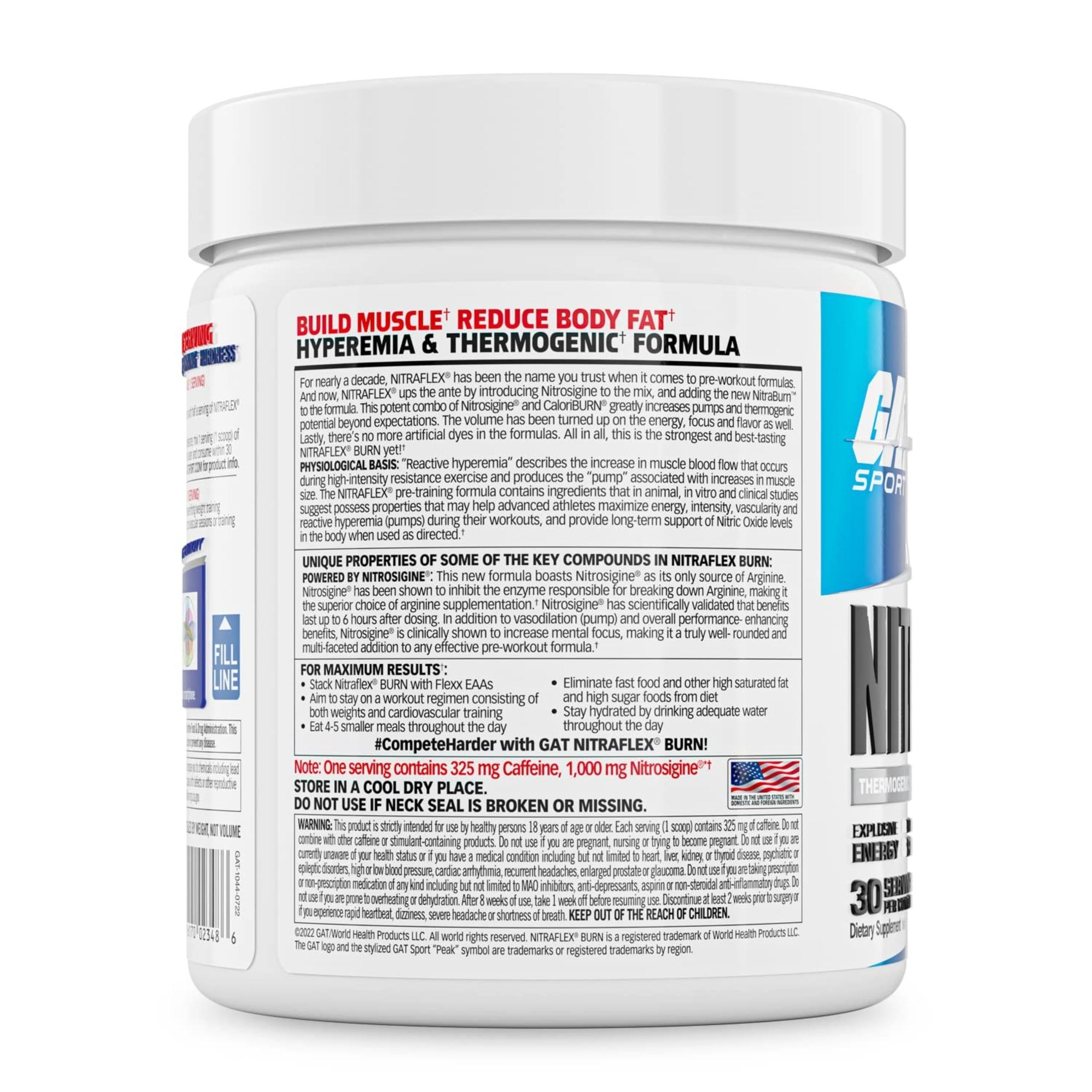 GAT SPORT Nitraflex Burn label closeup showing zero artificial colors