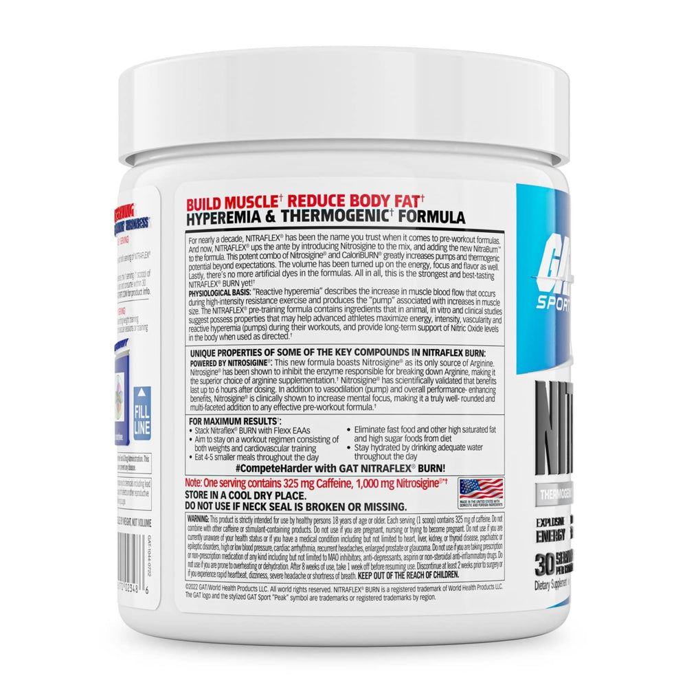 GAT SPORT Nitraflex Burn label closeup showing zero artificial colors