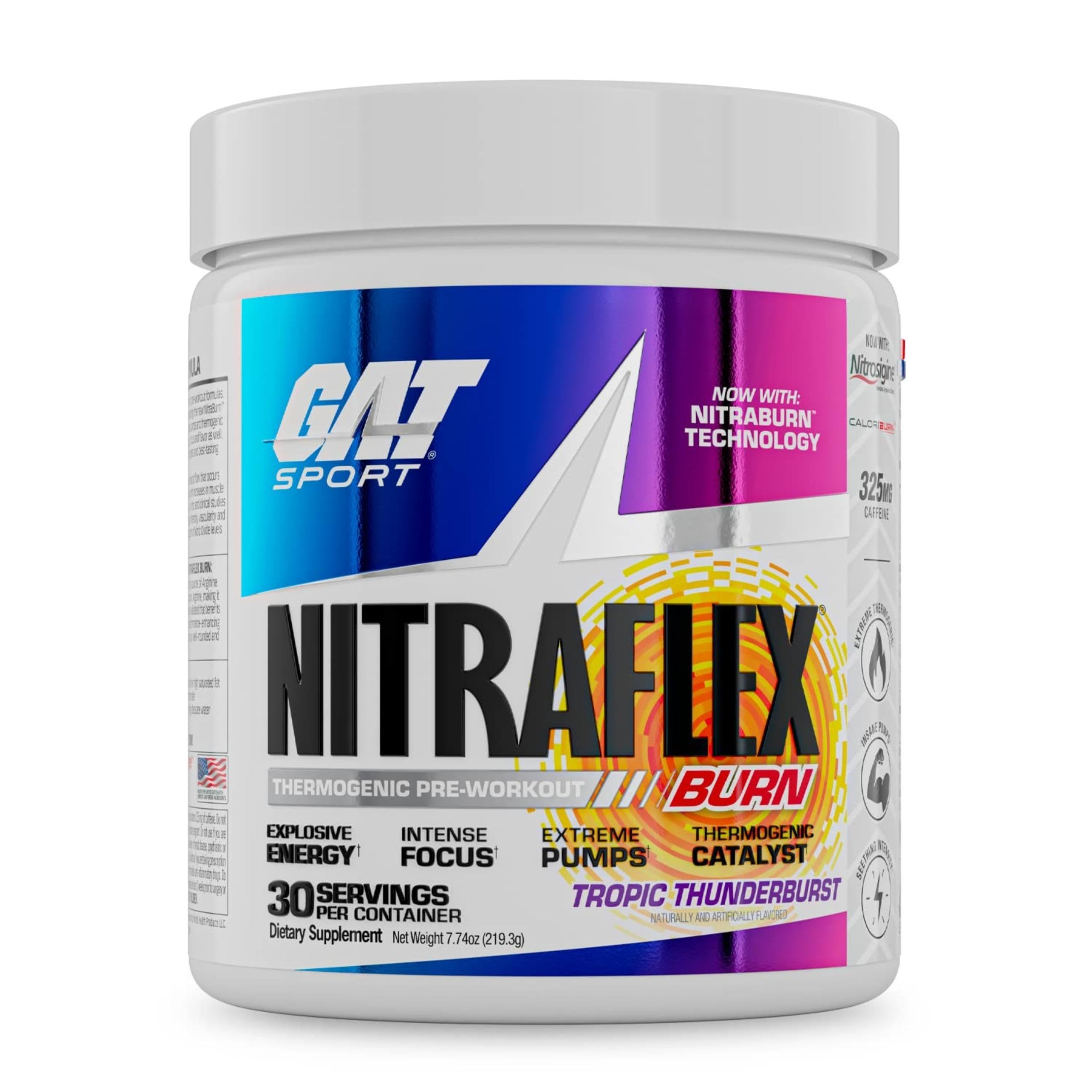GAT SPORT Nitraflex Burn pack shot highlighting Tropic Thunderburst label for athletes