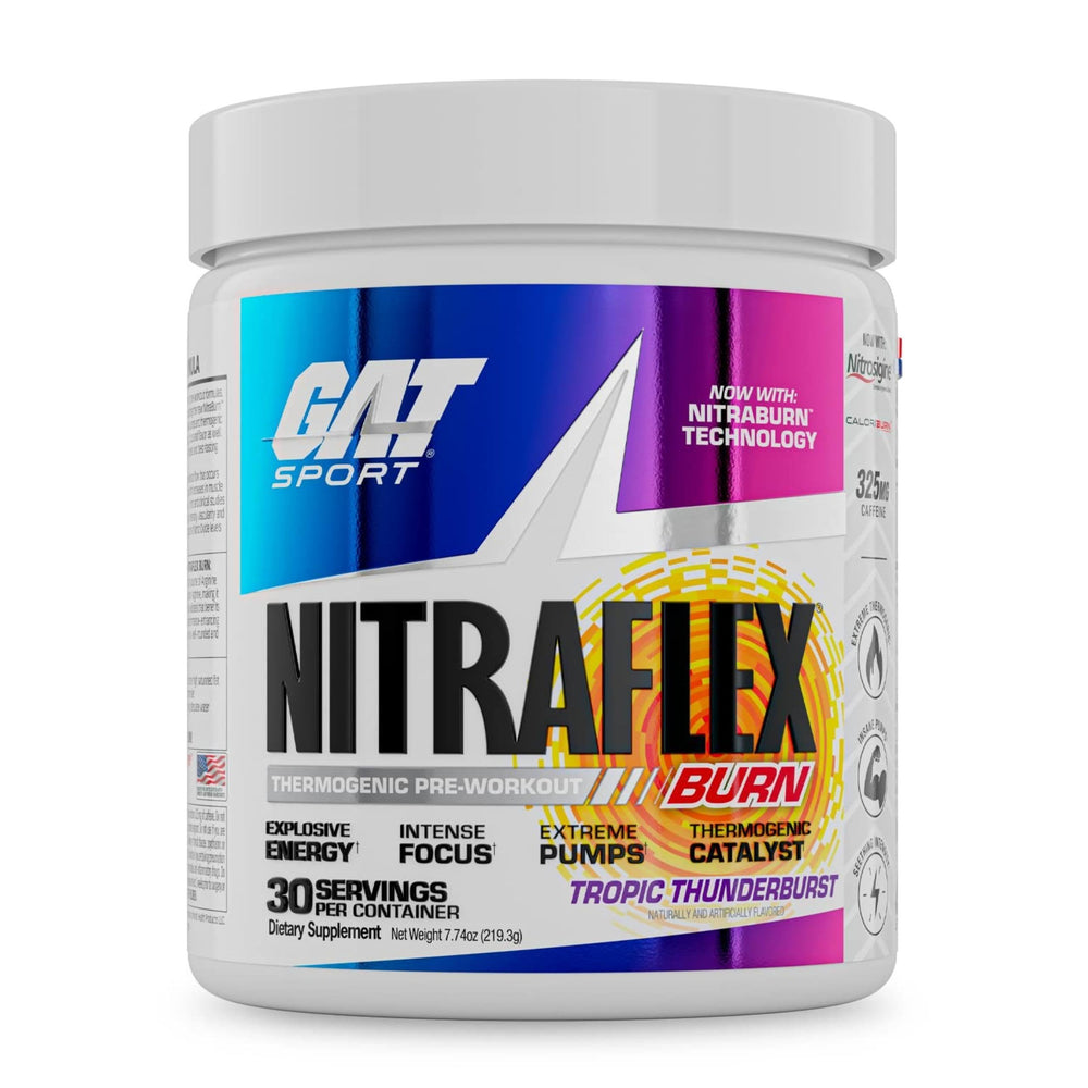 GAT SPORT Nitraflex Burn pack shot highlighting Tropic Thunderburst label for athletes
