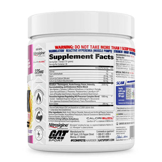 GAT SPORT Nitraflex Burn scoop in powder shows texture for pre-workout use