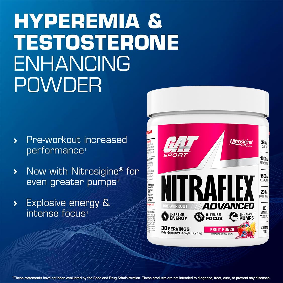 GAT SPORT Nitraflex scoop beside bottle for convenient, fast-acting workout energy.
