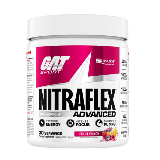 GAT SPORT Nitraflex tub front showing potent pre-workout for sustained energy.