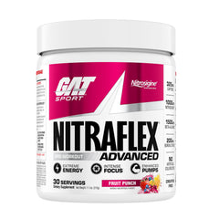 GAT SPORT Nitraflex tub front showing potent pre-workout for sustained energy.