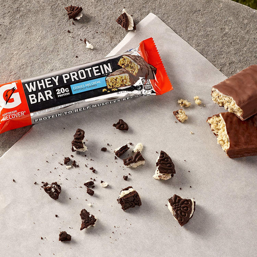 Box of Gatorade Whey Protein Bars Cookies and Creme, 12-count for easy transport