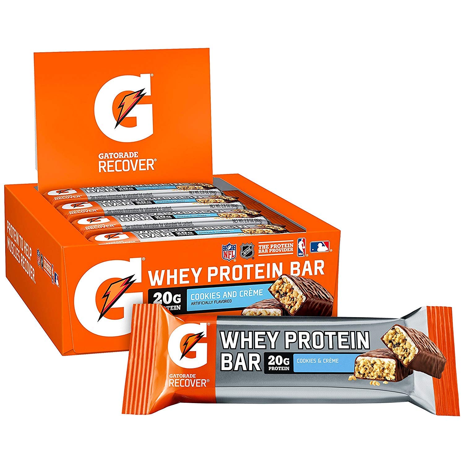 Close-up of Gatorade Whey Protein Cookies and Creme bar highlighting post-workout recovery