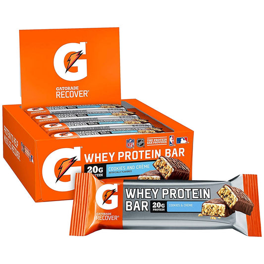 Close-up of Gatorade Whey Protein Cookies and Creme bar highlighting post-workout recovery
