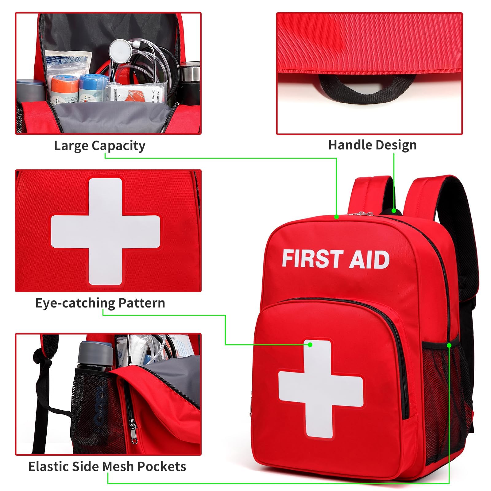 Gatycallaty first aid backpack elastic bottle pocket for hydration on the go
