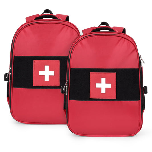 Gatycallaty first aid backpack red exterior with six outer compartments for quick access.