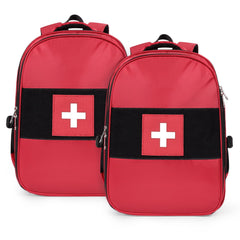 Gatycallaty first aid backpack red exterior with six outer compartments for quick access.