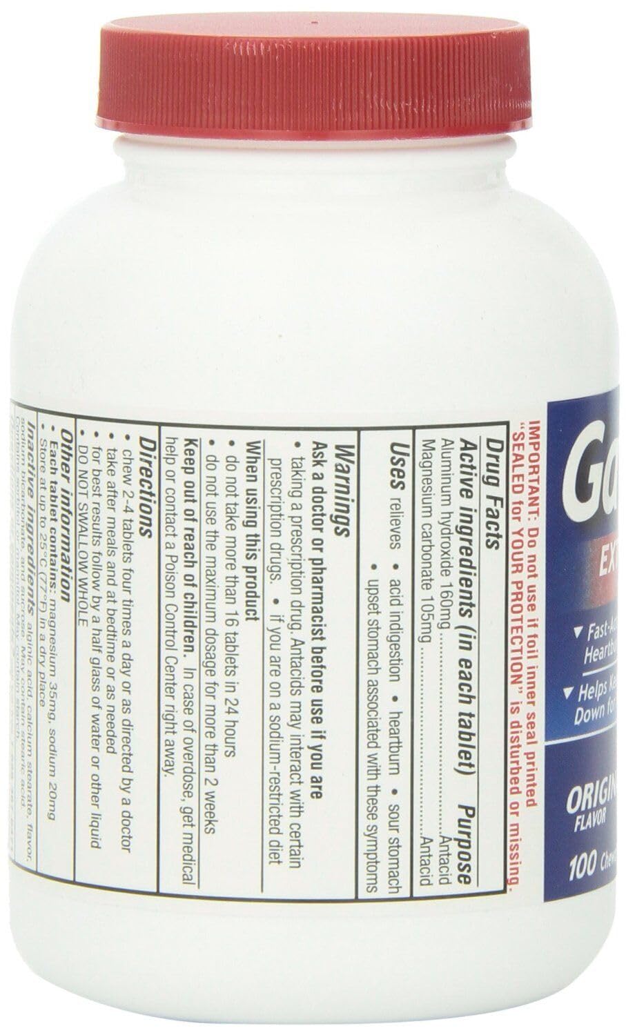 Gaviscon bottle with label showing dosing information for easy use.