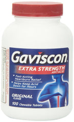 Gaviscon Extra Strength chewable bottle front ideal for on-the-go digestive comfort.