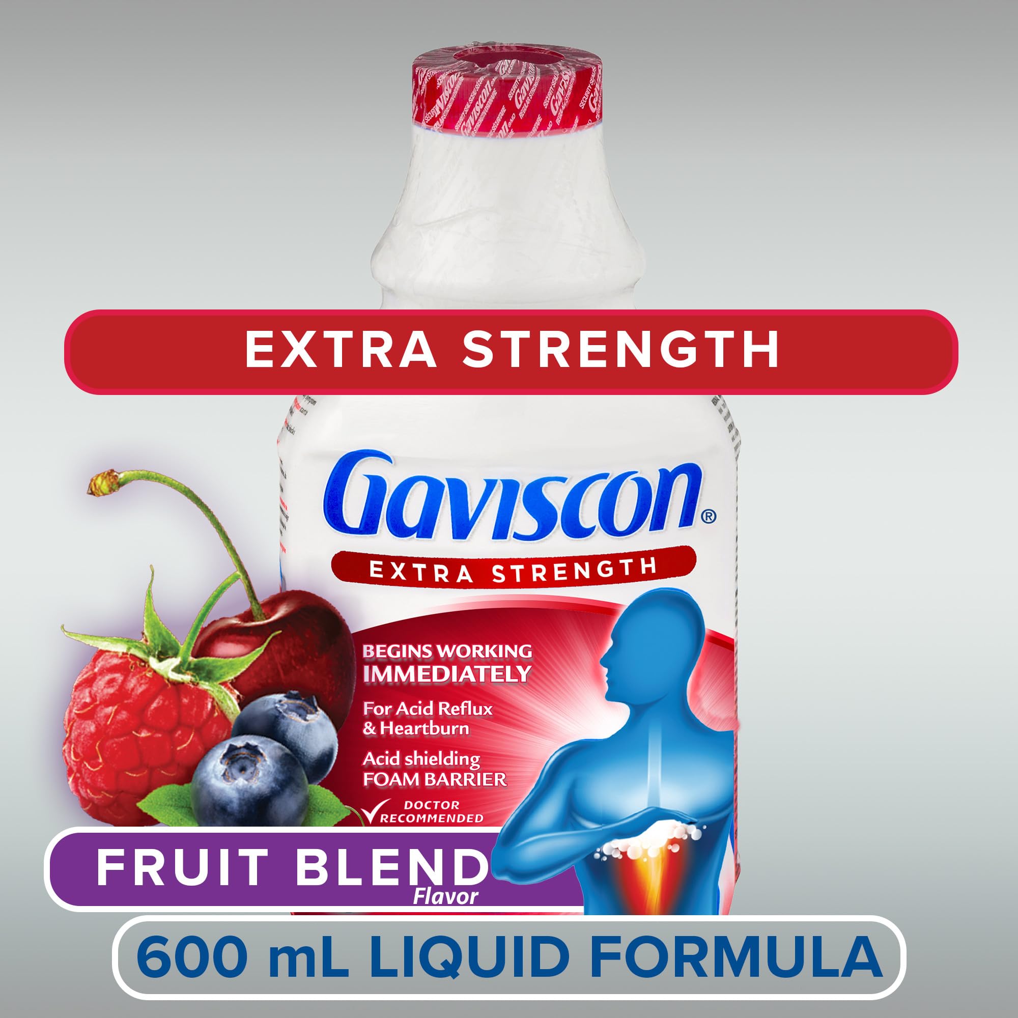 Gaviscon extra-strength liquid fruit 600ml label closeup