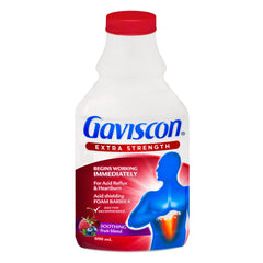 Gaviscon heartburn relief bottle pour showing fast-acting barrier protection