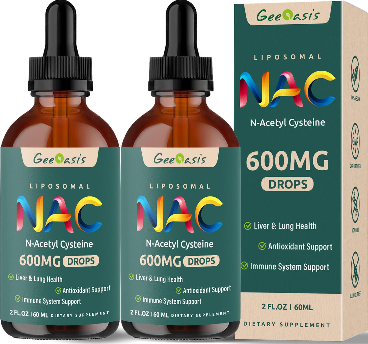 Geeoasis NAC drops bottle pour enables easy daily dosing and fast absorption.