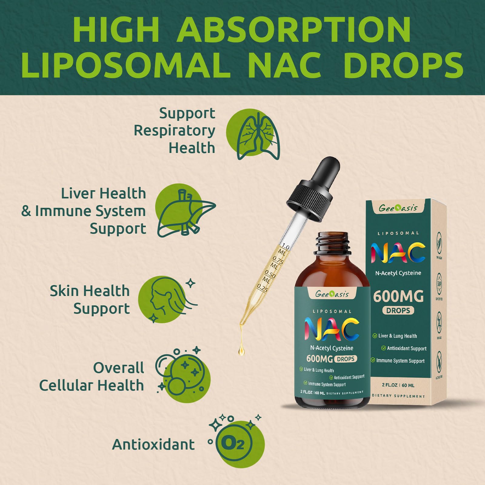 Geeoasis NAC drops with dropper-cap allows precise, simple dosing.