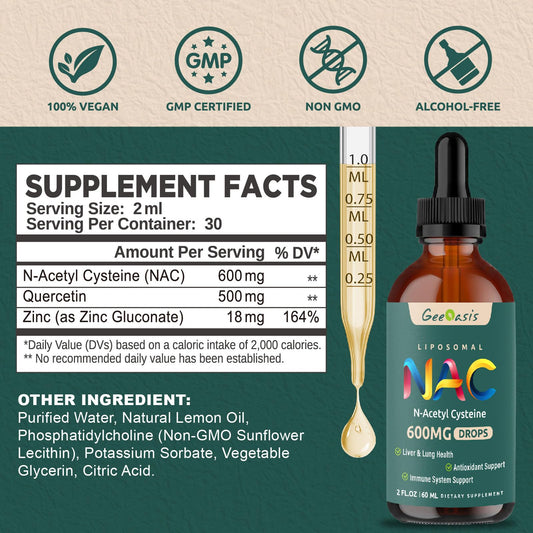 Geeoasis NAC drops label highlights quercetin and zinc for potential immune support.