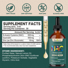 Geeoasis NAC drops label highlights quercetin and zinc for potential immune support.