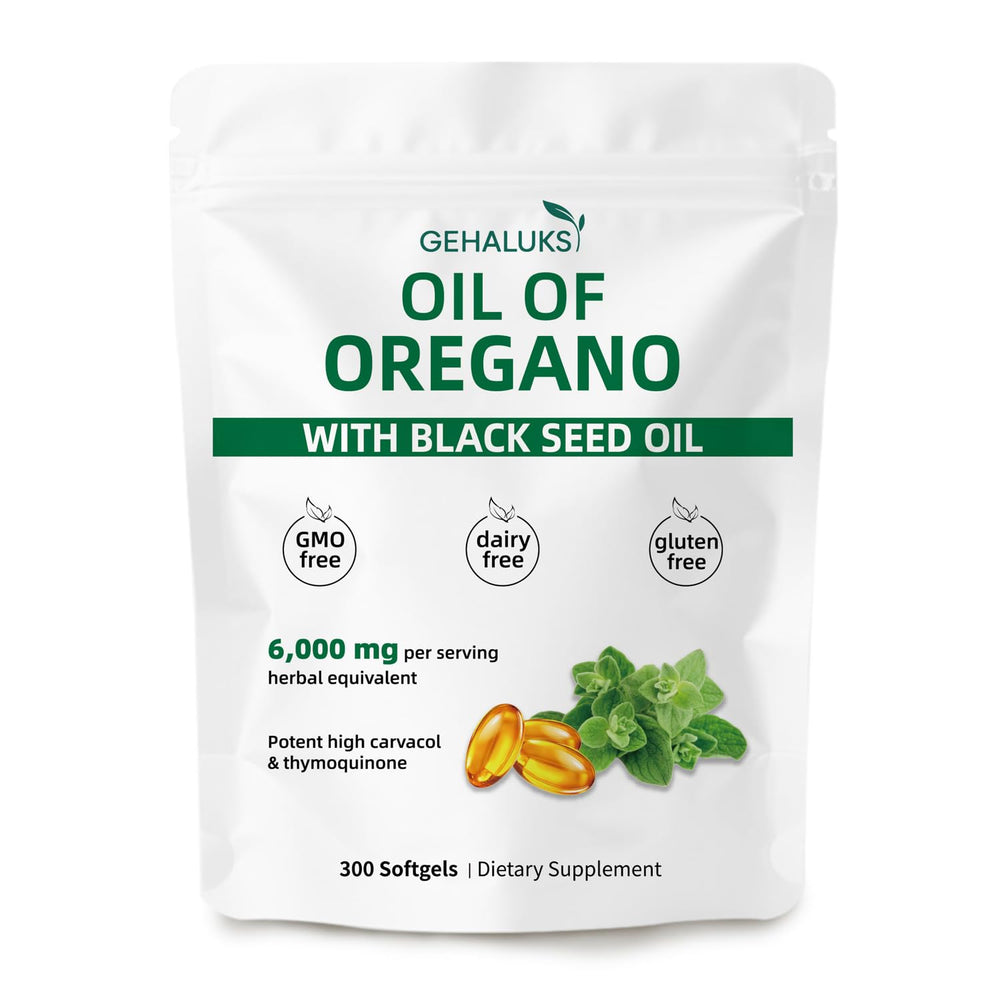 GEHALUKS oil of oregano with black seed oil softgels bottle front for seasonal support