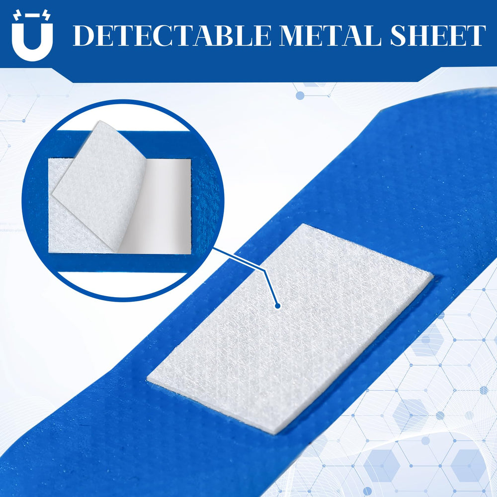 Geiserailie blue bandages with metal-detectable strips for processing.