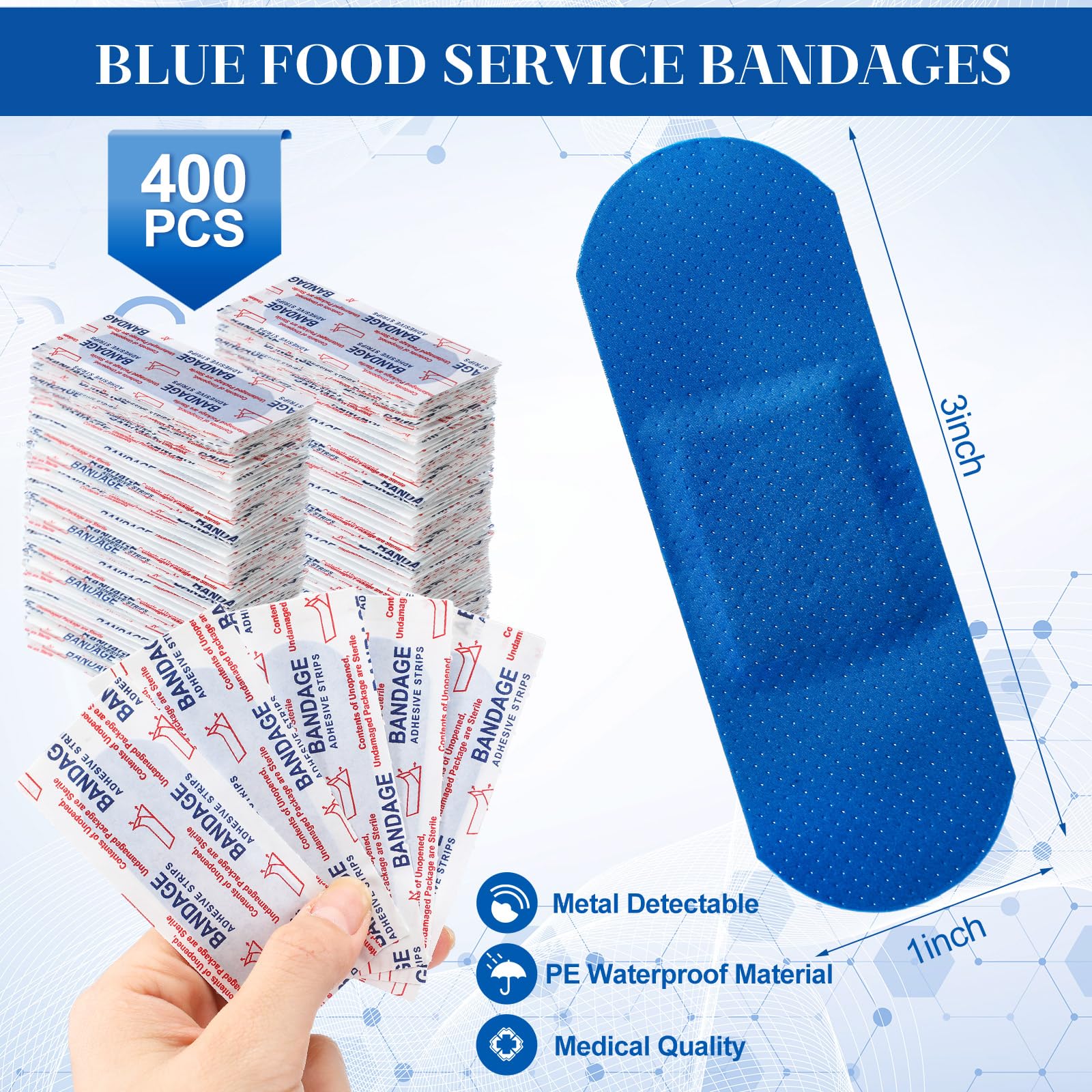 Geiserailie blue bandage on skin; non-stick pad for clean removal.
