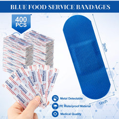 Geiserailie blue bandage on skin; non-stick pad for clean removal.