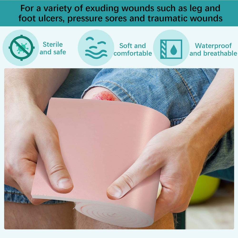 Geiserailie foam dressing cut-to-fit shape adapts to body contours.