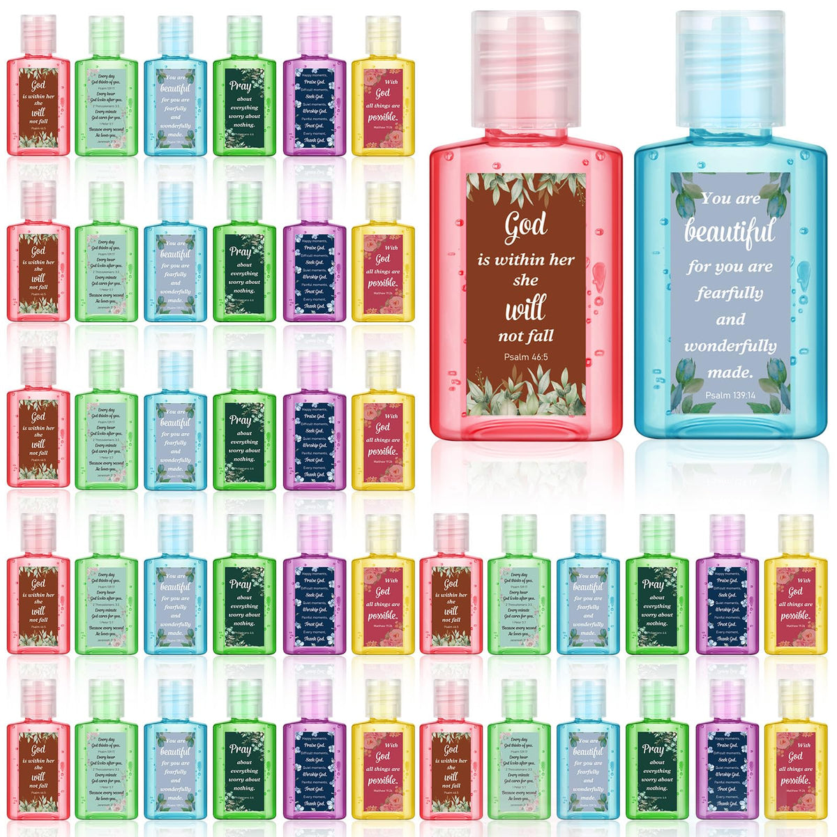 Gejoy 48-pack Bible verse hand sanitizers on display for events, practical and festive.