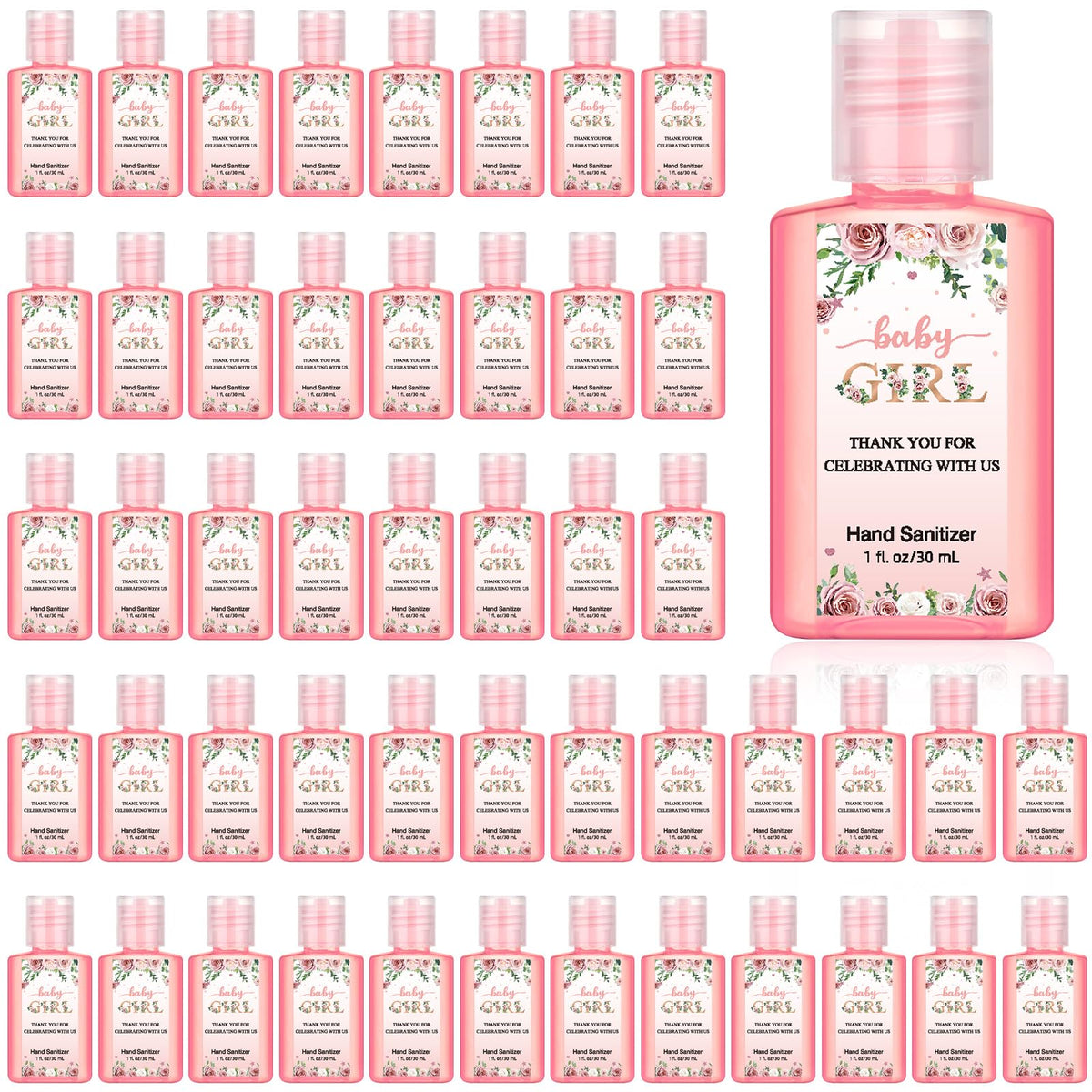 Gejoy baby shower hand sanitizer 1oz with pink flowers, convenient guest favor.