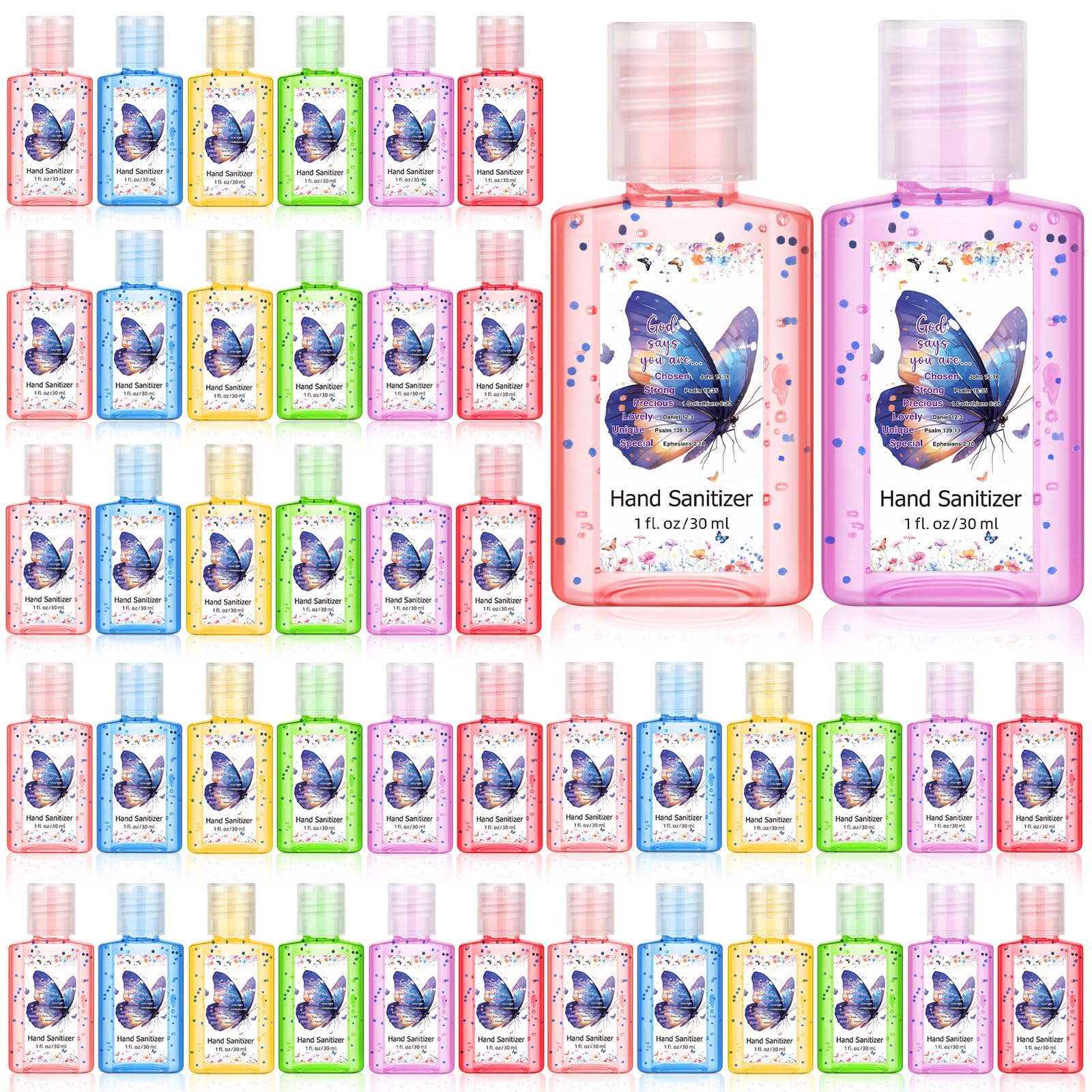 Gejoy Bible Verse hand sanitizer with butterfly pattern, portable 1oz for on-the-go cleanliness.