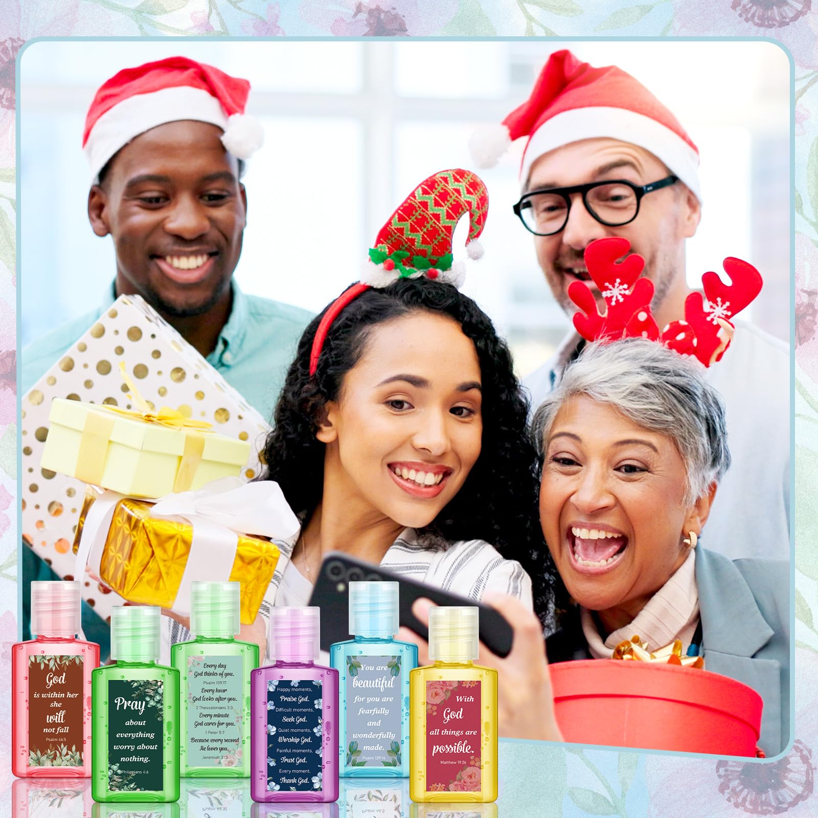 Gejoy holiday stocking display featuring faith-inspired mini sanitizers.