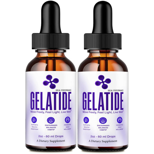 Gelatide Drops bottle front shows the official IDEAL PERFORMANCE formula for keto-friendly use.