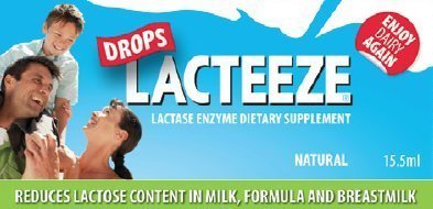 Gelda Scientific Lacteeze Drops bottle showing lactase enzyme for lactose digestion.