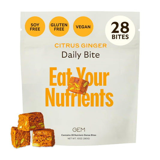 GEM Daily Bite citrus-ginger packshot highlighting convenient real-food multivitamin for daily balance.