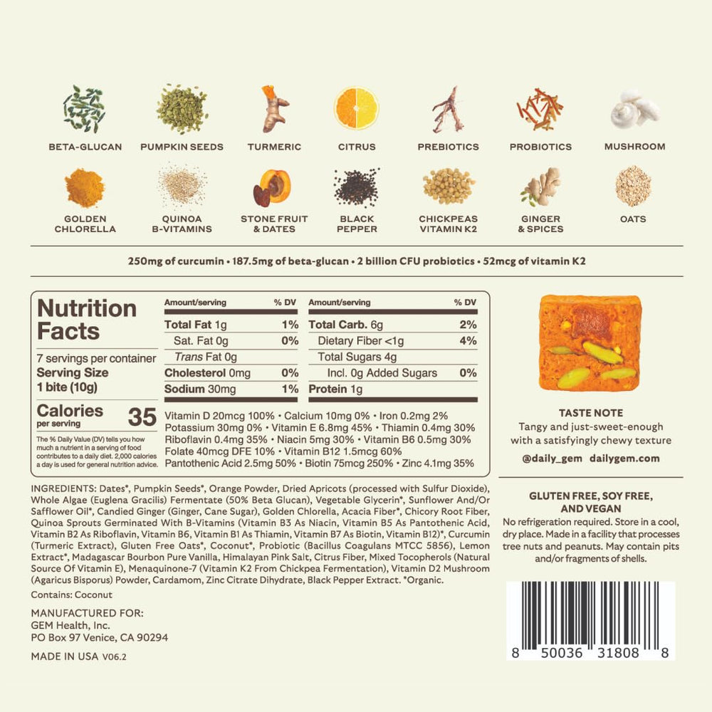 GEM Daily Bite vegan and gluten-free seal highlights allergen-friendly option.
